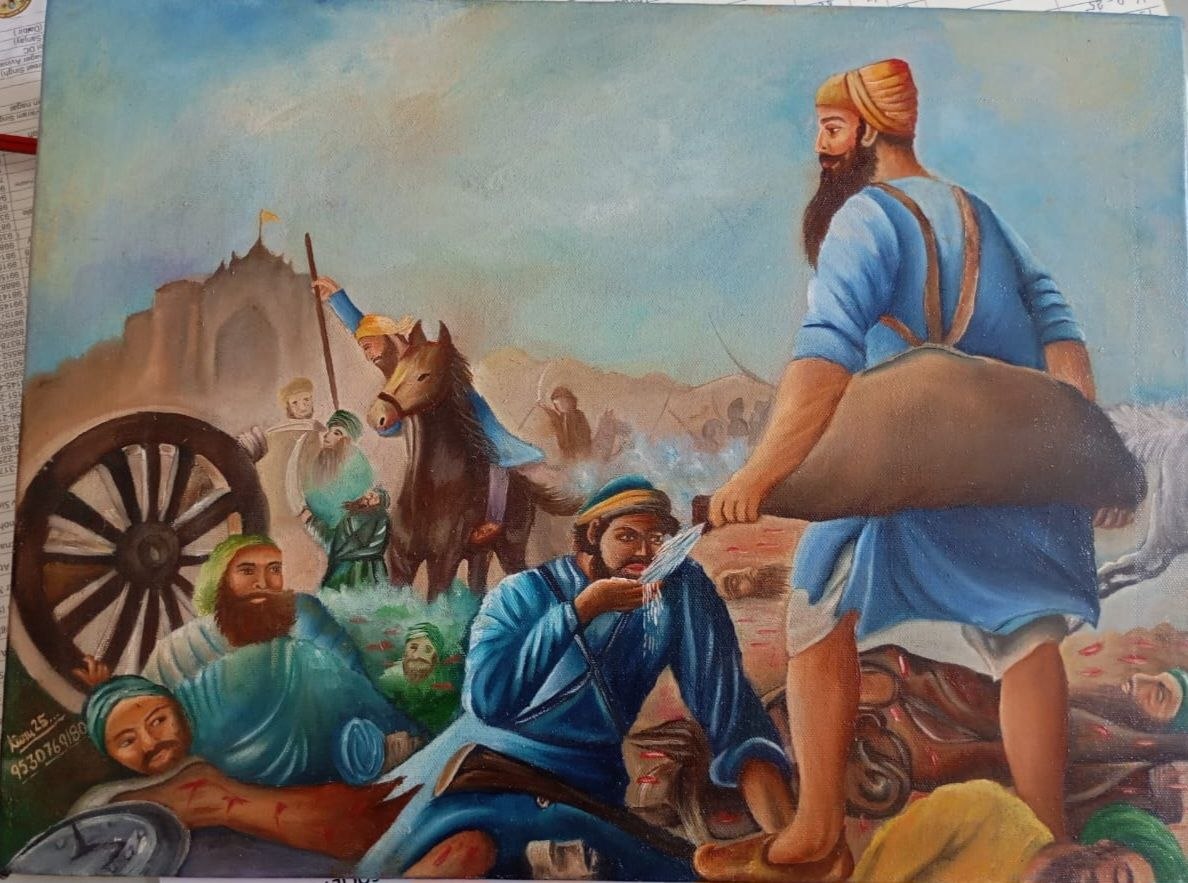 Oil painting of Bhai Kanhaiya serving water to a wounded soldier on a historic battlefield