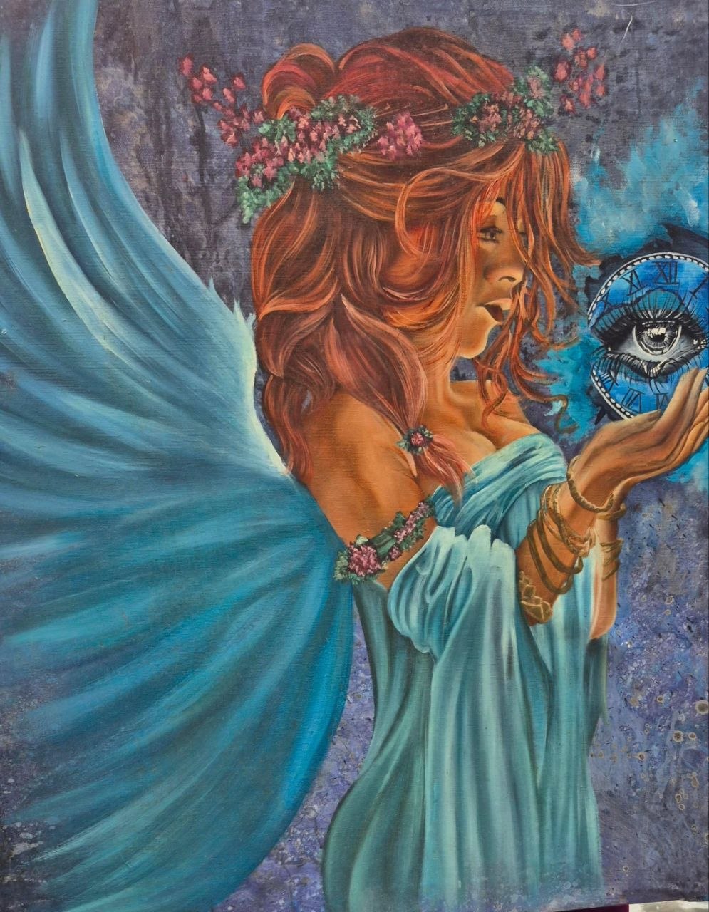 Surreal winged angel holding a blue clock with an eye inside it