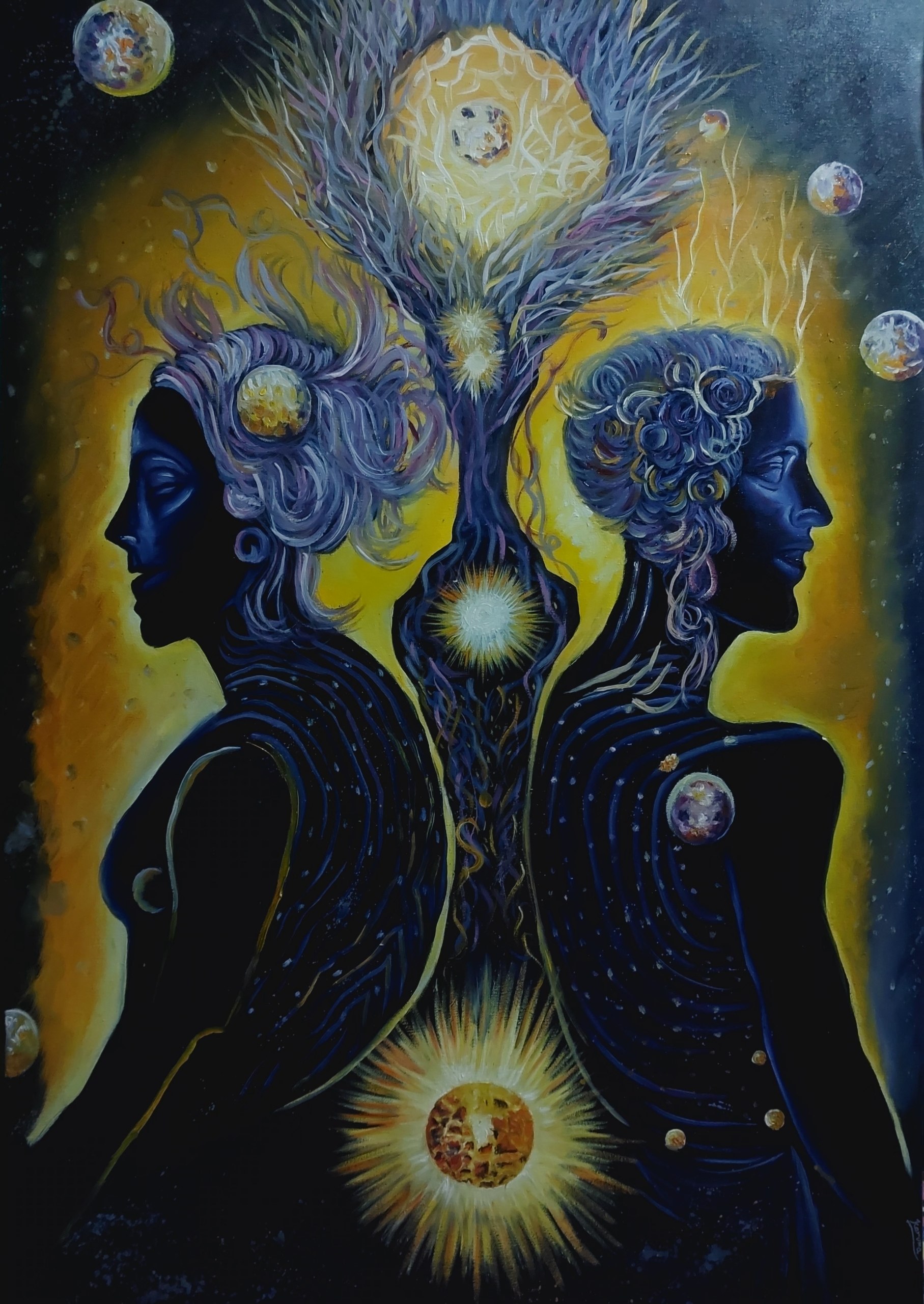 Surreal oil painting showcasing blue glowing faces back-to-back forming a cosmic tree of life