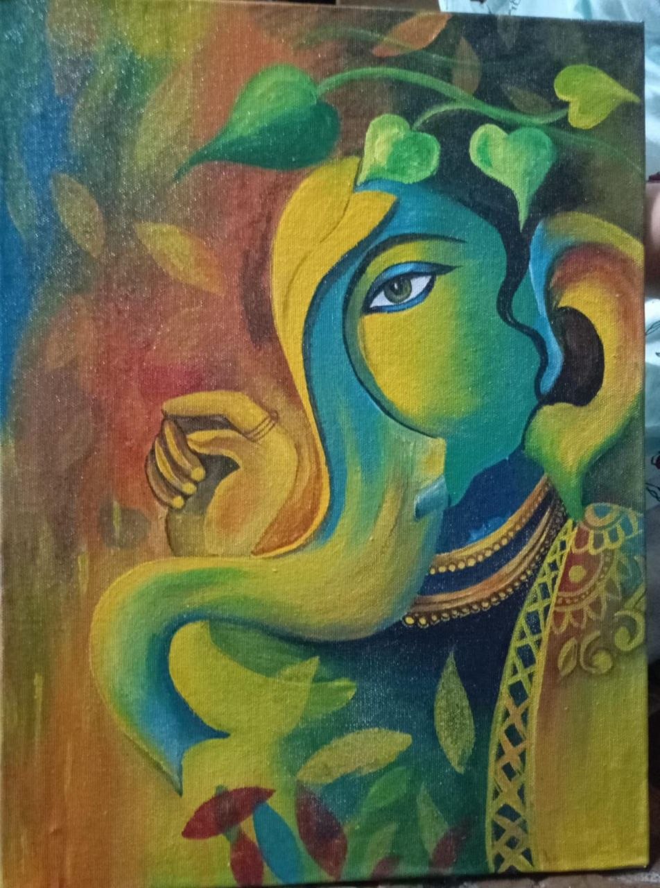 Rich textured oil painting of Lord Ganesha with warm amber glows