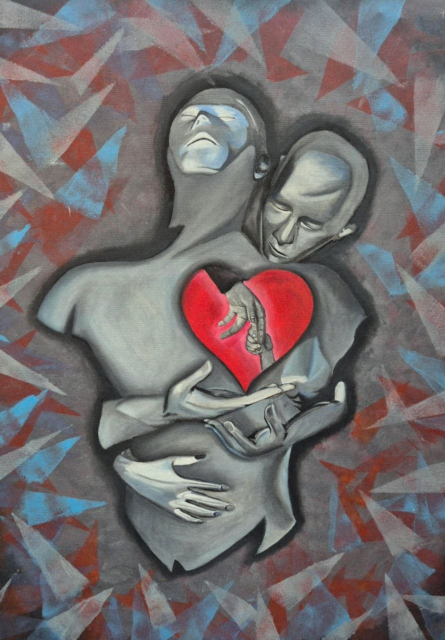 Two abstract figures embracing and enclosing a glowing red heart