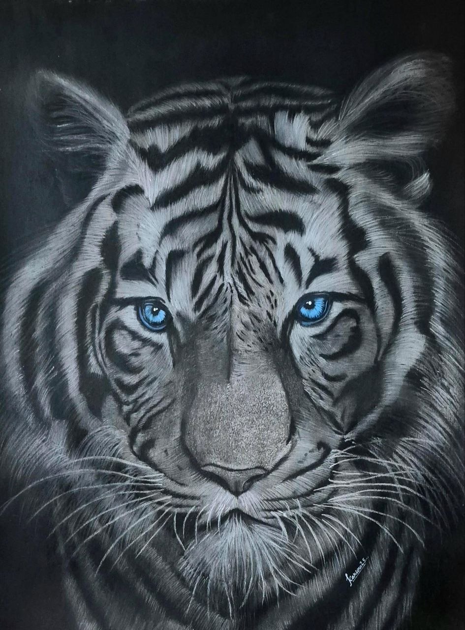 Realistic and fierce charcoal portrait of a white tiger with glowing blue eyes