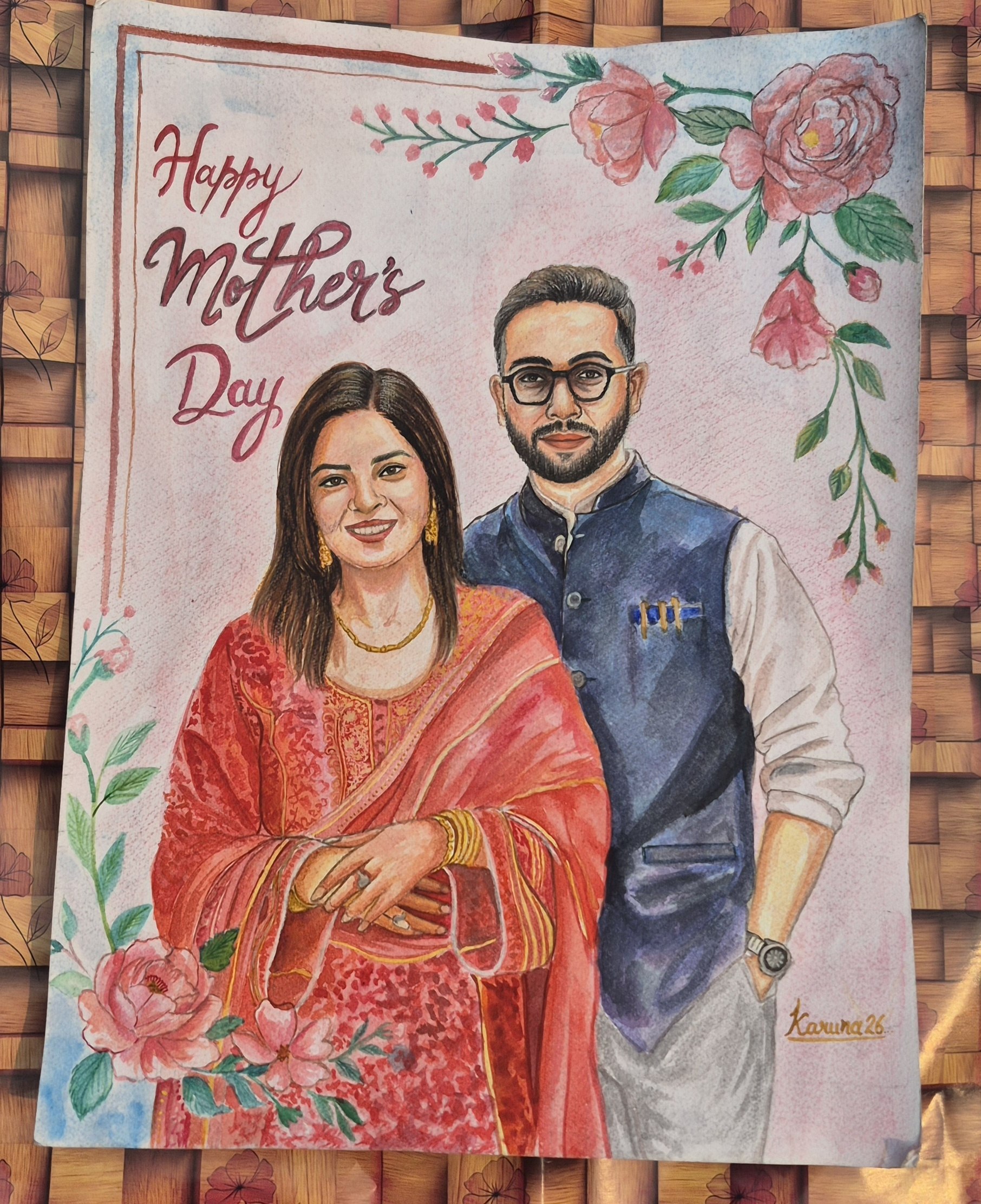 Emotional watercolor and colored pencil custom portrait showing a loving mother embracing her child