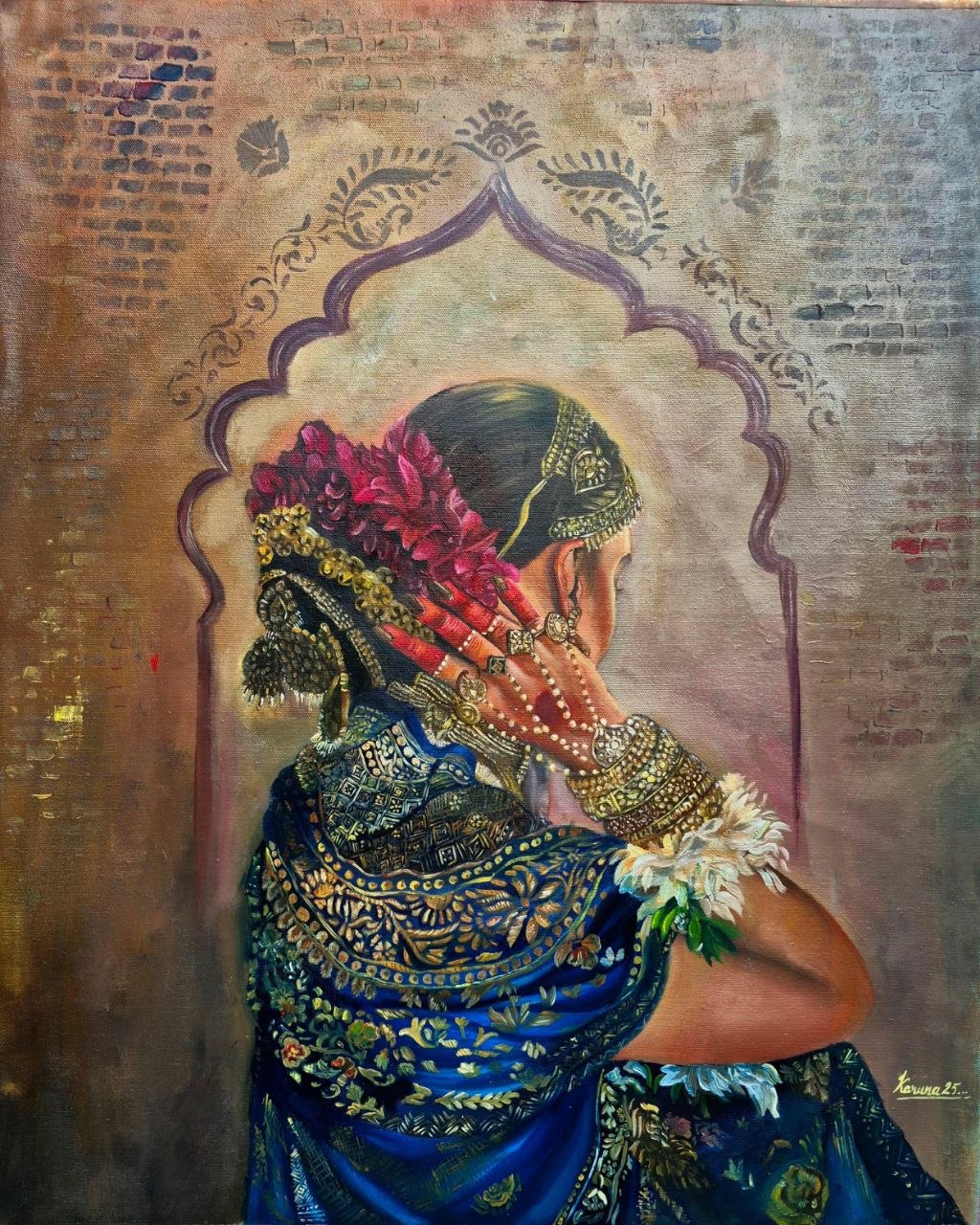Beautiful oil painting showing the back profile of an Indian bride with a thick fragrant jasmine flower gajra in her hair