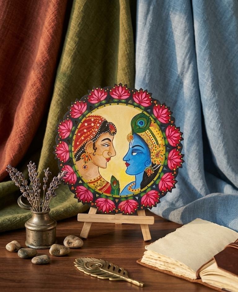 Acrylic portrait of Radha and Krishna decorated with warm tones inside a circular wooden frame