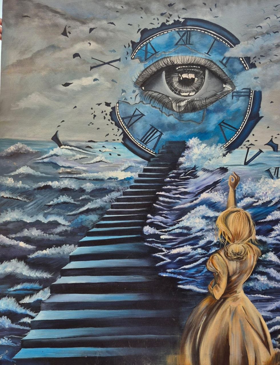 Surreal staircase leading up to a giant eye in the sky over ocean waves