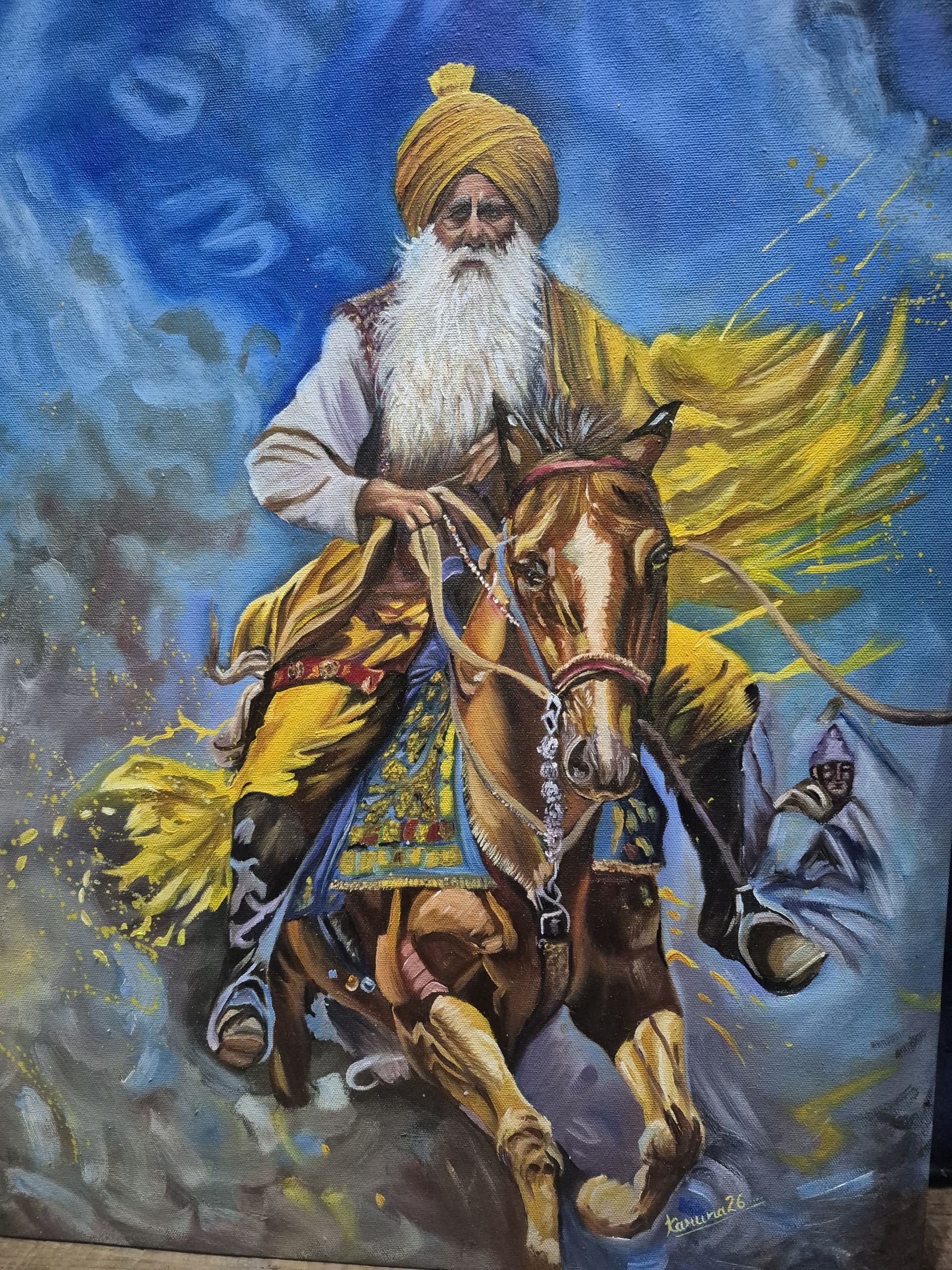 Majestic and detailed oil painting of a brave Sikh warrior riding a white horse in battle
