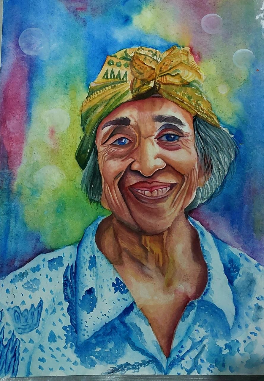 Vibrant watercolor and pencil portrait sketch of a smiling elder lady wearing a headscarf