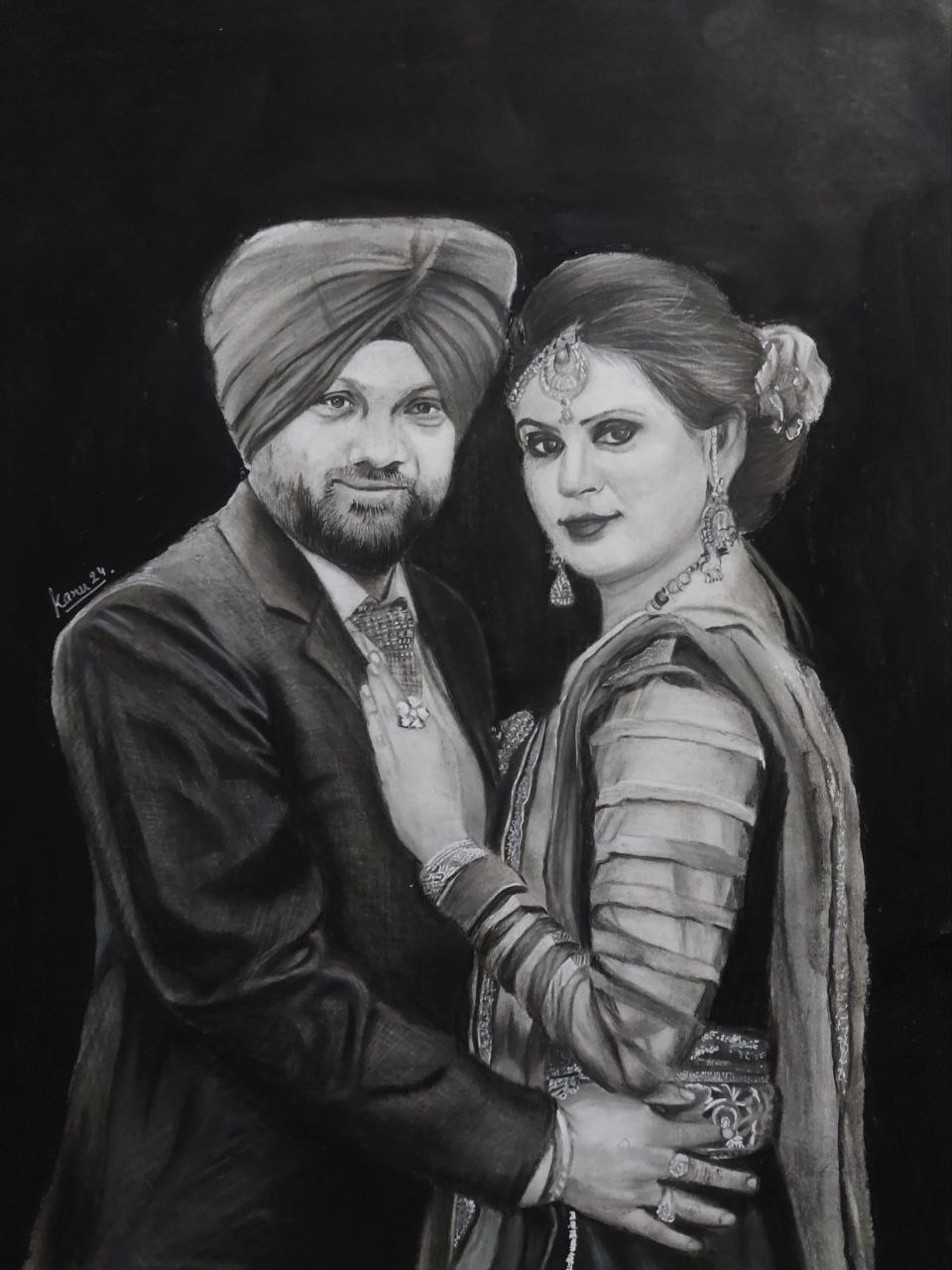 High contrast romantic charcoal sketch of an Indian bride and groom celebrating their union