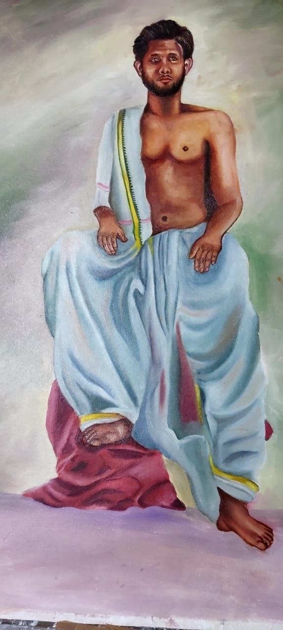 Oil painting of an elder traditional Indian man sitting wearing a white dhoti