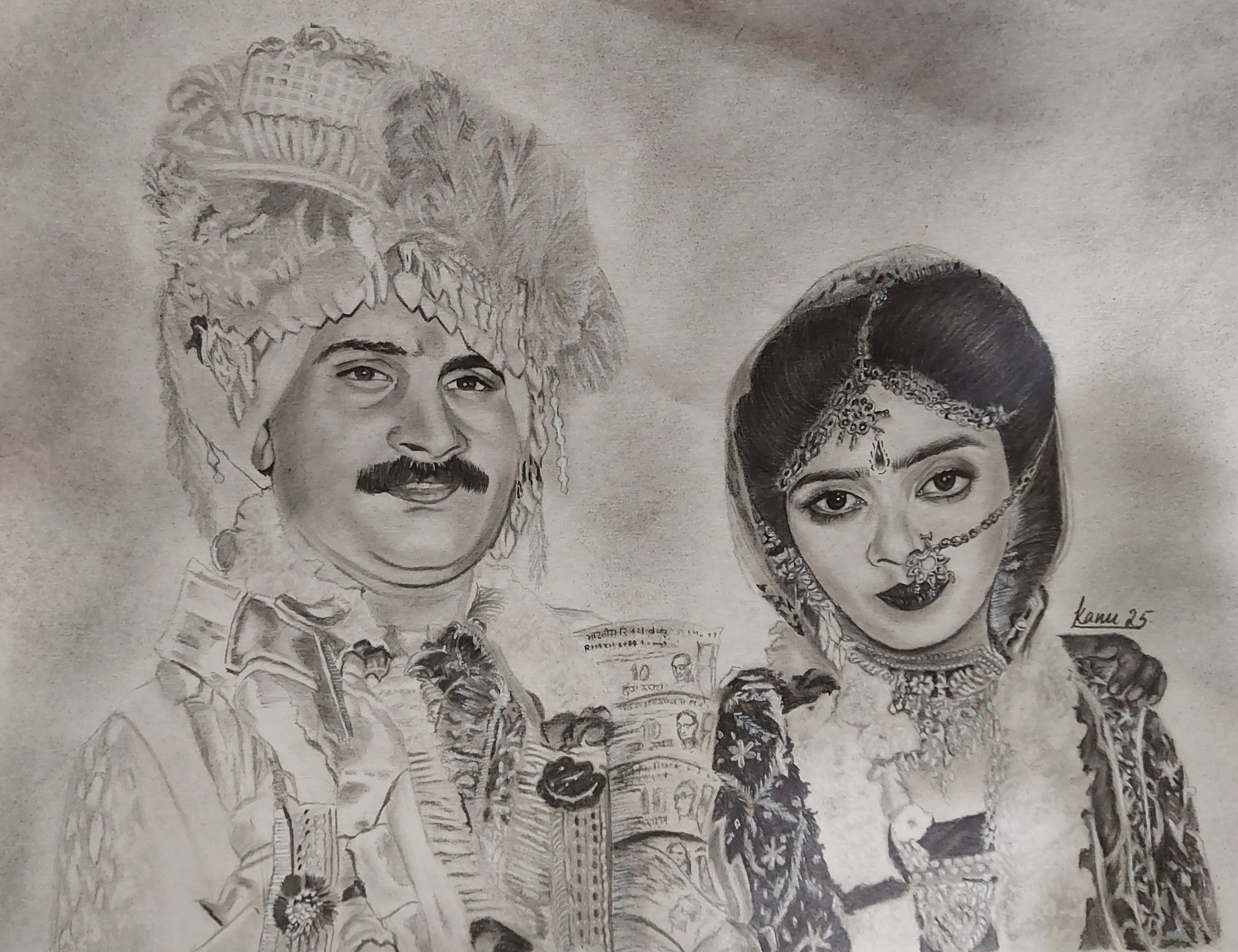 Masterfully detailed wedding portrait sketch in graphite showing bride and groom in traditional wedding attire